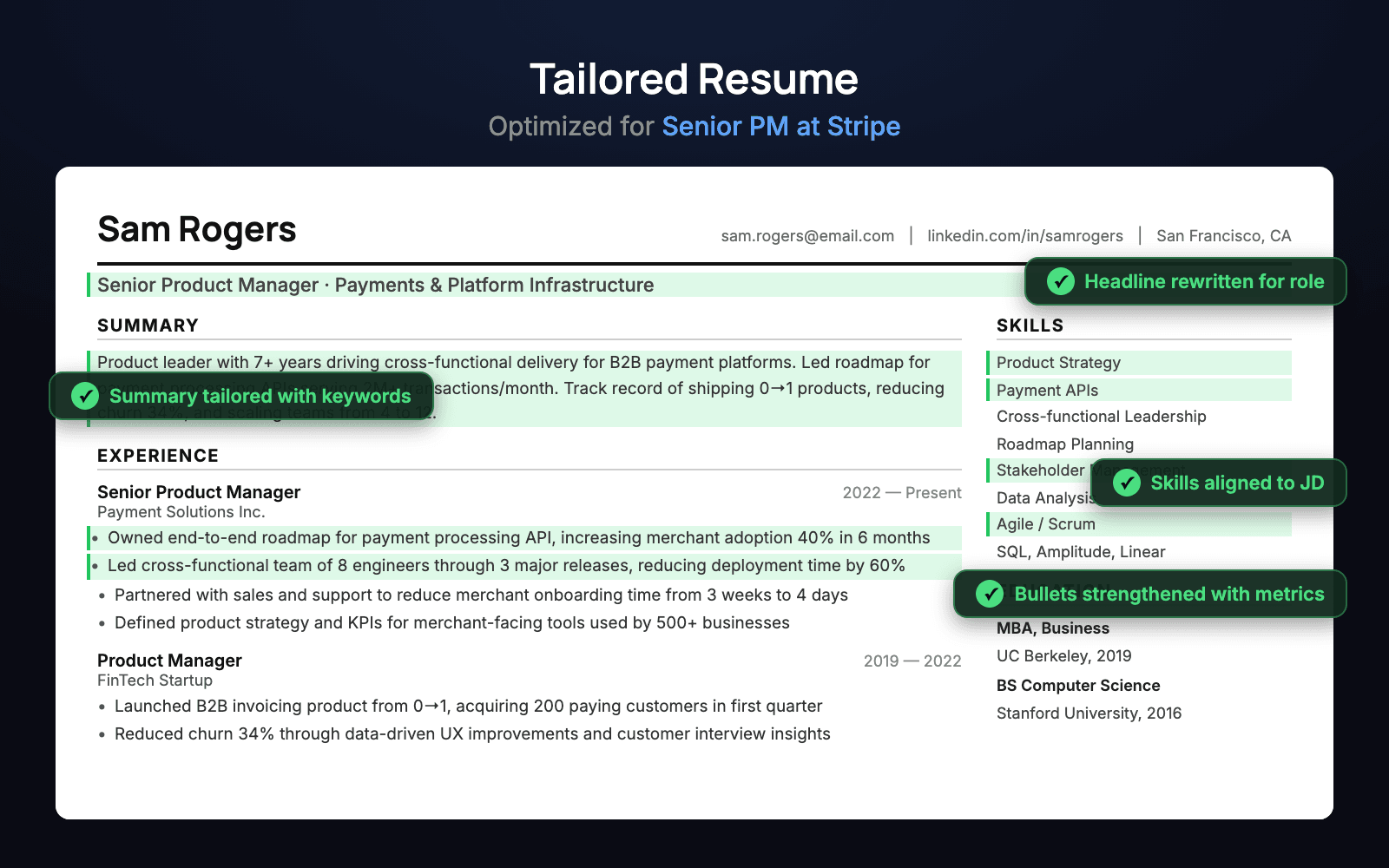 Tailored resume with AI-suggested changes highlighted in green