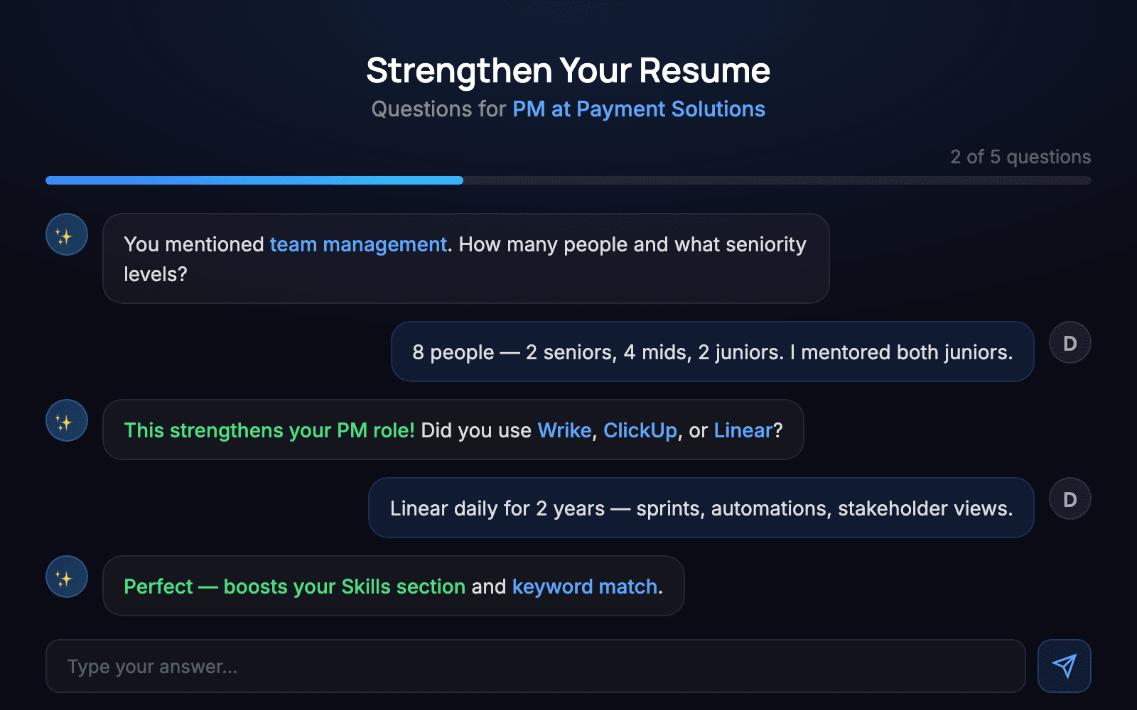 AI-powered chat interface extracting achievements from your experience
